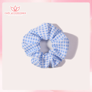 Dây buộc tóc Scrunchies hoạ tiết caro, chấm bi màu xanh dễ thương Chồi accessories K076