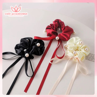 Buộc tóc scrunchies lụa đính hạt trai nhân tạo thắt nơ tiểu thư sang chảnh Chồi accessories - Y180