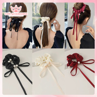 Buộc tóc scrunchies lụa đính hạt trai nhân tạo thắt nơ tiểu thư sang chảnh Chồi accessories - Y180