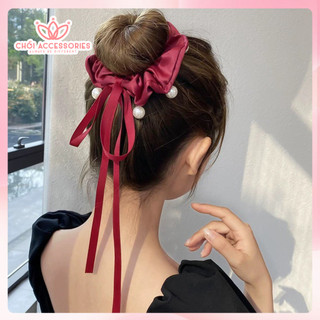 Buộc tóc scrunchies lụa đính hạt trai nhân tạo thắt nơ tiểu thư sang chảnh Chồi accessories - Y180