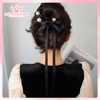 Buộc tóc scrunchies lụa đính hạt trai nhân tạo thắt nơ tiểu thư sang chảnh Chồi accessories - Y180