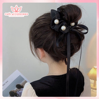 Buộc tóc scrunchies lụa đính hạt trai nhân tạo thắt nơ tiểu thư sang chảnh Chồi accessories - Y180