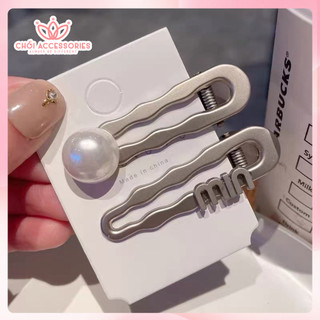 Set 2c Kẹp tóc kim loại đính hạt trai Chồi accessories phong cách hàn quốc cho bạn nữ K214