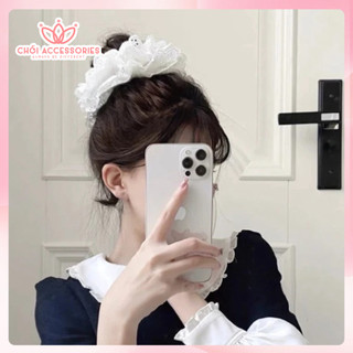 Scrunchies 4 lớp và 2 lớp cột tóc cỡ nhỏ và to xoè bồng bềnh màu trắng dây buộc tóc tiểu thư vải thêu hoa Y325