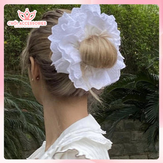 Scrunchies 4 lớp và 2 lớp cột tóc cỡ nhỏ và to xoè bồng bềnh màu trắng dây buộc tóc tiểu thư vải thêu hoa Y325