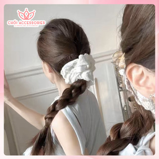 Scrunchies 4 lớp và 2 lớp cột tóc cỡ nhỏ và to xoè bồng bềnh màu trắng dây buộc tóc tiểu thư vải thêu hoa Y325