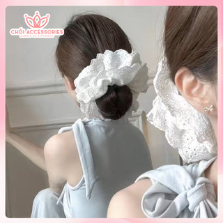Scrunchies 4 lớp và 2 lớp cột tóc cỡ nhỏ và to xoè bồng bềnh màu trắng dây buộc tóc tiểu thư vải thêu hoa Y325