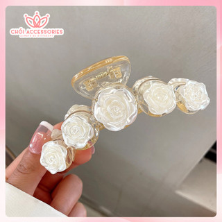 Kẹp tóc, cặp tóc chéo đính hoa hồng trắng Chồi accessories phong cách tiểu thư cho bạn nữ K052
