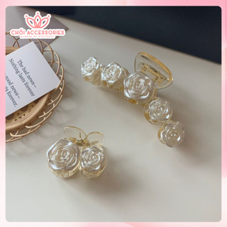 Kẹp tóc, cặp tóc chéo đính hoa hồng trắng Chồi accessories phong cách tiểu thư cho bạn nữ K052