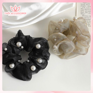 Buộc tóc scrunchies voan ánh nhũ Chồi accessories đính hạt trai nhân tạo phong cách thanh lịch tiểu thư - Y268