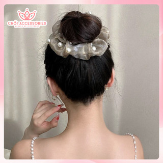 Buộc tóc scrunchies voan ánh nhũ Chồi accessories đính hạt trai nhân tạo phong cách thanh lịch tiểu thư - Y268