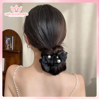 Buộc tóc scrunchies voan ánh nhũ Chồi accessories đính hạt trai nhân tạo phong cách thanh lịch tiểu thư - Y268