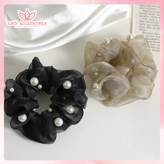 Buộc tóc scrunchies voan ánh nhũ Chồi accessories đính hạt trai nhân tạo phong cách thanh lịch tiểu thư - Y268
