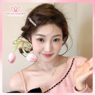 Buộc tóc scrunchies hoa tulip hottrend rủ xinh iu, nơ buộc tóc hoa tulip ánh nhũ K040