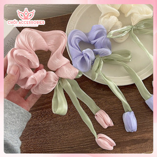 Buộc tóc scrunchies hoa tulip hottrend rủ xinh iu, nơ buộc tóc hoa tulip ánh nhũ K040