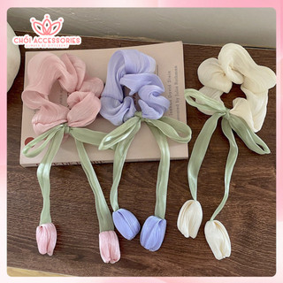 Buộc tóc scrunchies hoa tulip hottrend rủ xinh iu, nơ buộc tóc hoa tulip ánh nhũ K040
