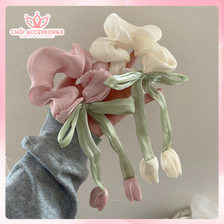 Buộc tóc scrunchies hoa tulip hottrend rủ xinh iu, nơ buộc tóc hoa tulip ánh nhũ K040
