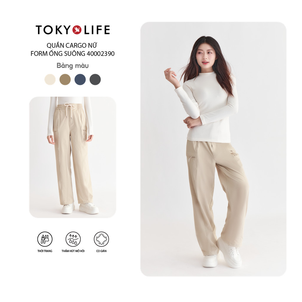 Quần Cargo Nữ Form Ống Suông Vải Sichun Lưng Thun Dây Rút Túi Kéo Khóa 40002390 - TOKYOLIFE