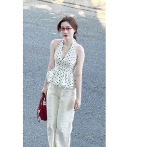 Áo Cổ Yếm V Có Mút Chấm Bi Dáng Peplum Bí Hở Lưng Tôn Dáng Hot Trend Đi Chơi Đi Biển