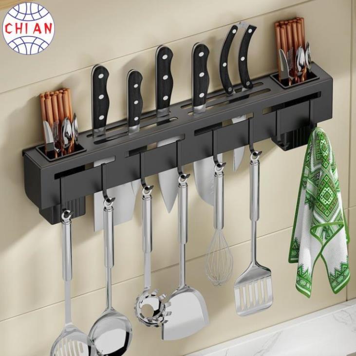 Kệ Dao Kéo Dán Tường Inox/Thép Đen–Có Ống Đũa Nhựa, Móc Treo Nhựa, Chịu Lực Tốt, Tặng Kèm Miếng Dán