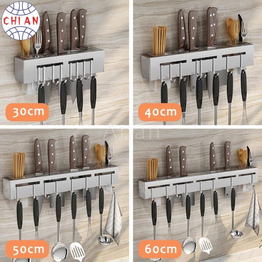 Kệ Dao Kéo Dán Tường Inox/Thép Đen–Có Ống Đũa Nhựa, Móc Treo Nhựa, Chịu Lực Tốt, Tặng Kèm Miếng Dán