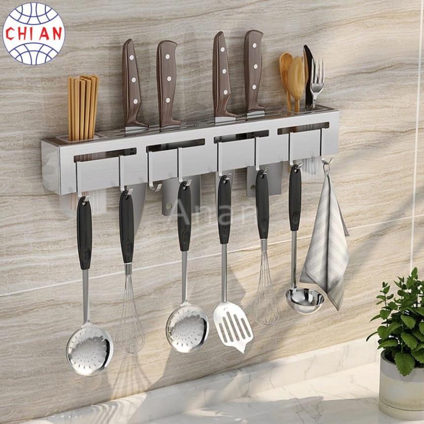Kệ Dao Kéo Dán Tường Inox/Thép Đen–Có Ống Đũa Nhựa, Móc Treo Nhựa, Chịu Lực Tốt, Tặng Kèm Miếng Dán