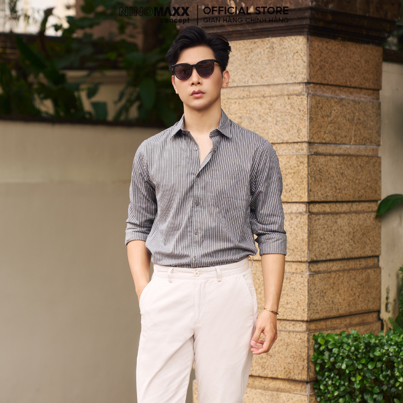 Áo Sơ Mi Nam Dài Tay NINOMAXX Kẻ Sọc Chất Cotton Thoáng Mát Form Slimft Tôn Dáng Lịch Lãm 2101082