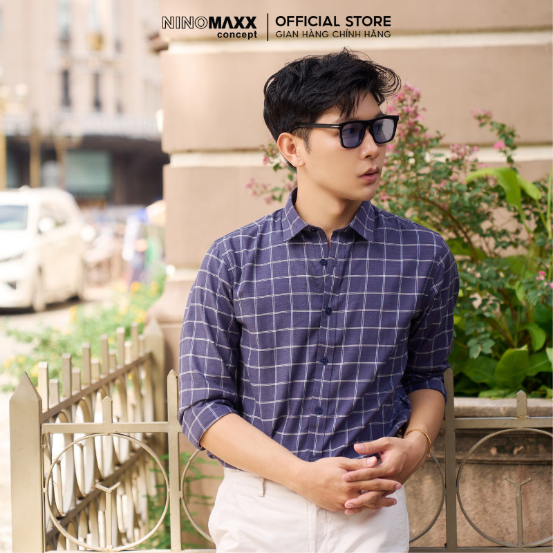 Áo Sơ Mi Nam Dài Tay NINOMAXX Xanh Caro Chất Melange Cotton Chống Nhăn Tôn Dáng Lịch Lãm 2110030