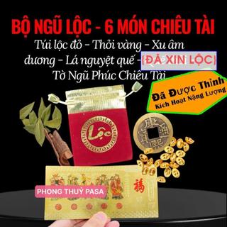 (đã khaii quanng) BỘ NGŨ LỘC 6 Món Chiêu Tài Phong Thủy, Túi Lộc, Thỏi Vàng, Xu Âm Dương, Lá + Vỏ Nguyệt Quế,Tờ Ngũ Phúc