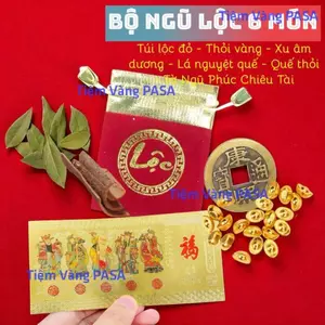 <RƯỚC LỘC> [KÈM HƯỚNG DẪN] Bộ Ngũ Lộc 6 Món Phong Thủy : Lá Nguyệt Quế, Túi Lộc, Xu Âm Dương