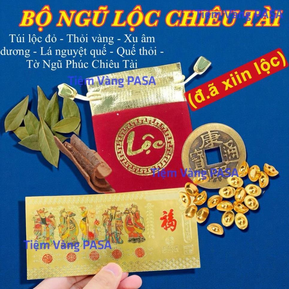 <RƯỚC LỘC> [KÈM HƯỚNG DẪN] Bộ Ngũ Lộc 6 Món Phong Thủy : Lá Nguyệt Quế, Túi Lộc, Xu Âm Dương