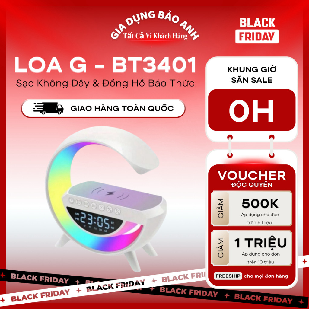 Loa Bluetooth BT3401 Chữ G Kiêm Sạc Không Dây Đồng Hồ Báo Thức Đèn Ngủ ...