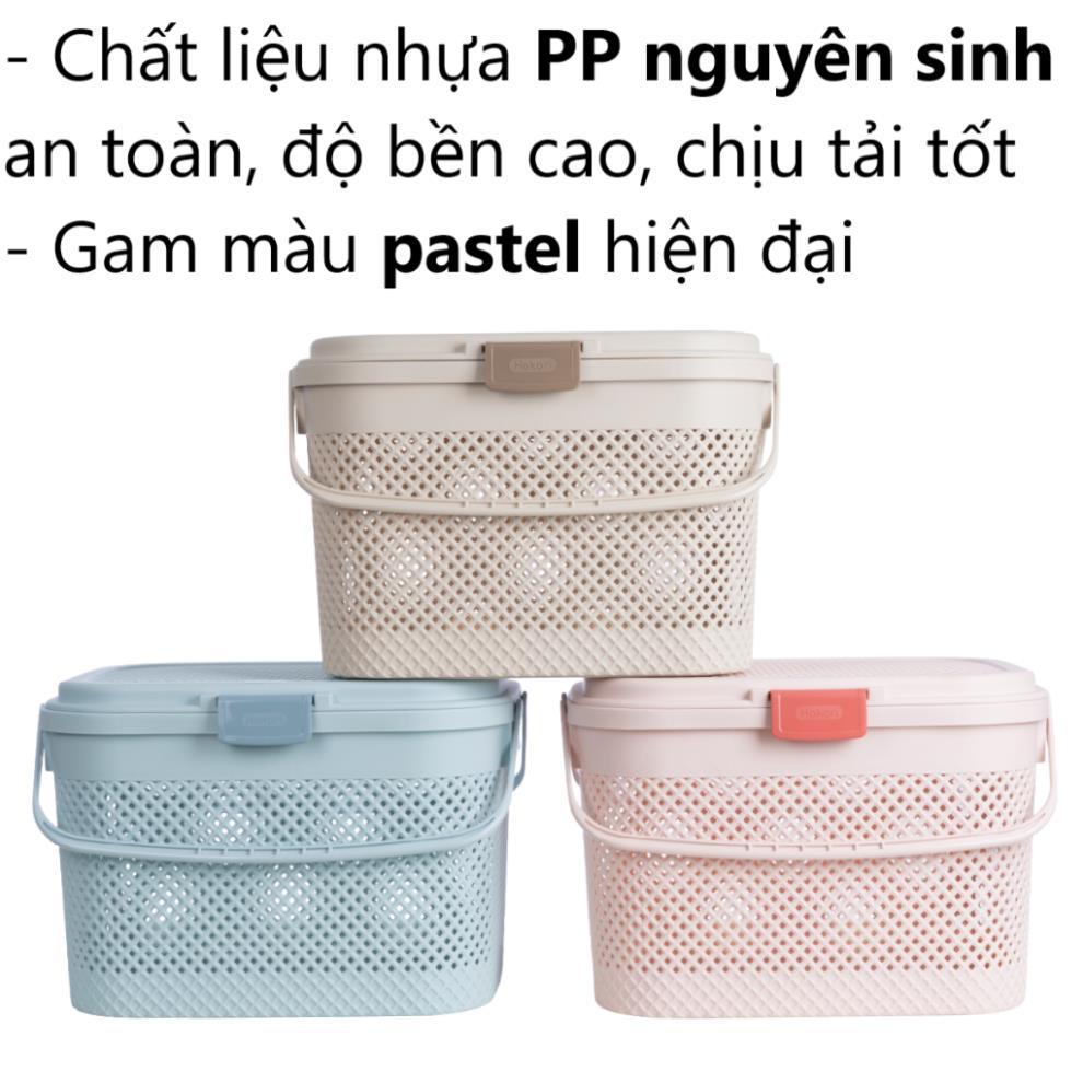 Giỏ đi sinh HOKORI nhựa VIỆT NHẬT cao cấp - Làn đan có nắp, quai xách, đựng đồ, quần áo mẹ bé - 2610 AMIZIN