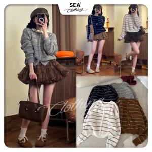 Áo cardigan len lông thỏ kẻ sọc ngang phối cúc đồng LEN252