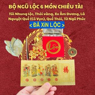 (Mẹo Nuôi Tiền Cái) Bộ Ngũ Lộc Chiêu Tài 6 Món – Túi Nhung, Xu Ngũ Phúc, Vỏ Quế – Tin Dùng Tại Đài Loan