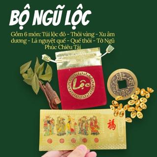 (Mẹo Nuôi Tiền Cái) Bộ Ngũ Lộc Chiêu Tài 6 Món – Túi Nhung, Xu Ngũ Phúc, Vỏ Quế – Tin Dùng Tại Đài Loan