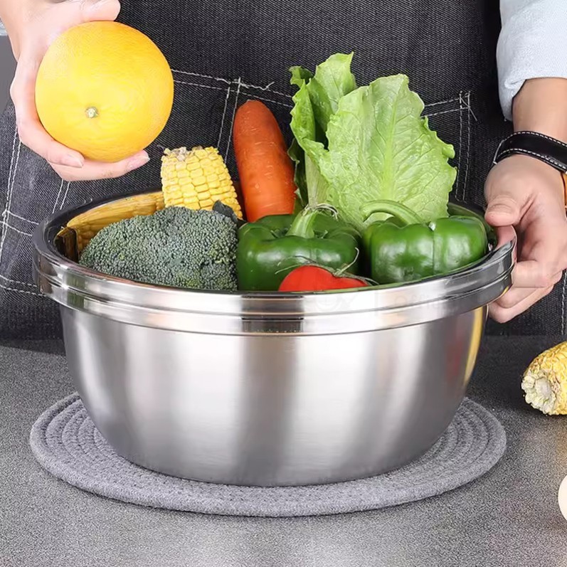 Bộ thau rổ inox sâu lòng dùng rửa rau củ quả, vo gạo vô cùng tiện lợi ...