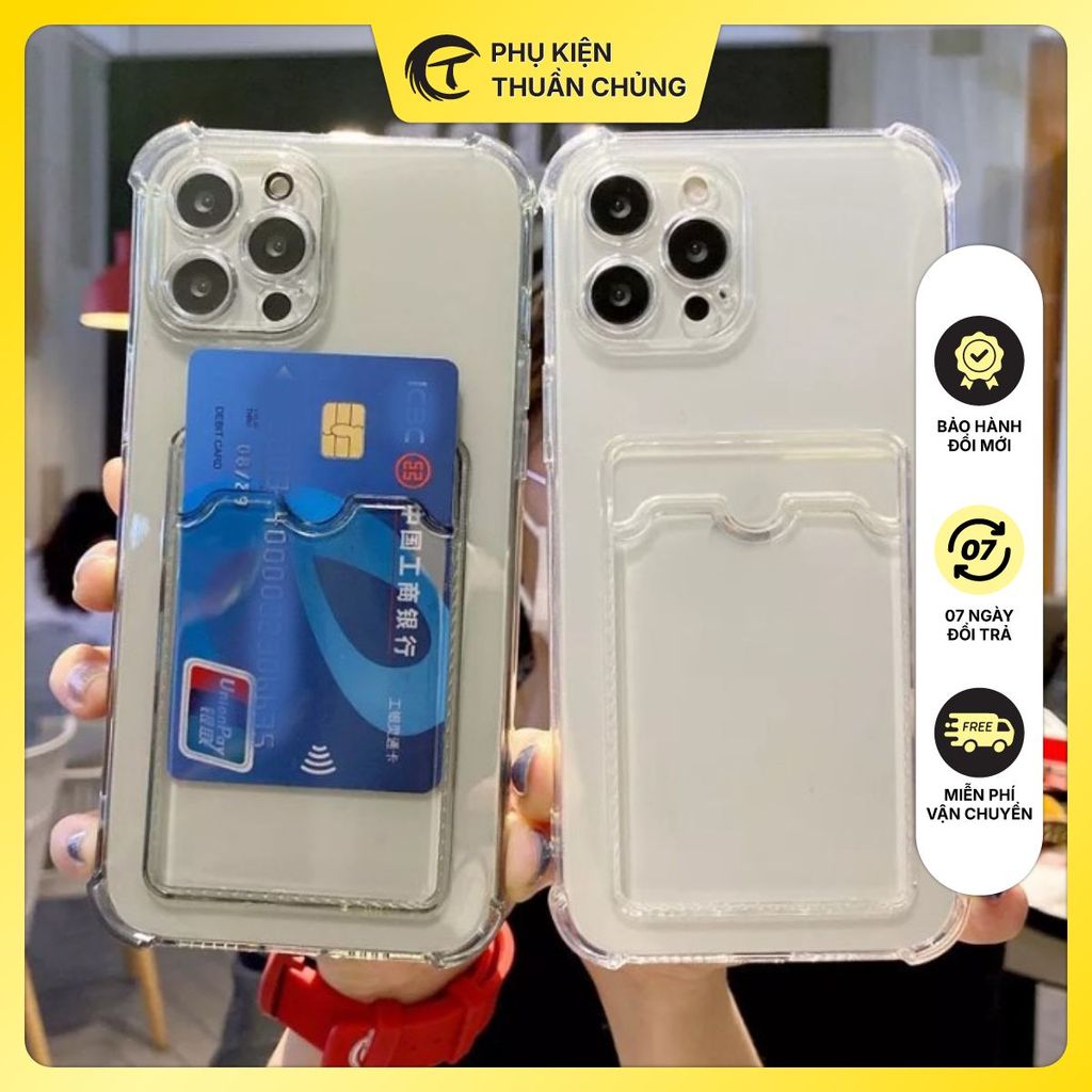 Ốp điện thoại dẻo trong suốt chống sốc viền vuông có ngăn đựng thẻ cho iPhone 6 7 X XS 11 12 13 14 15 16 PRO MAX PLUS