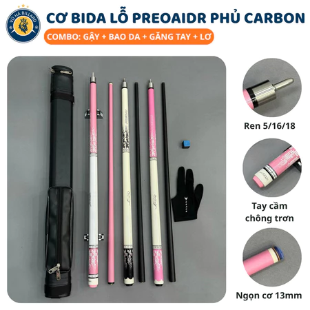 Cơ Bida Lỗ PREOAIDR Phủ Carbon Ren 5/16/18 Cao Cấp - Gậy Bia Lỗ Đầu Cơ 13mm