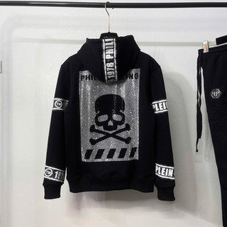 Áo khoác hoodie zip nam nữ Philipp Plein thêu logo dải chữ chéo đính đá đầu lâu cho các boy phố đi chơi 2024 Hot Trend 2