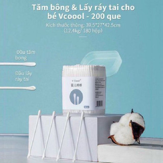 Tăm Bông Vcool Cao Cấp, tăm bông thân gỗ Cho Bé và cả gia đình – Mềm, Dai, Không Xơ – Hộp 200 Que