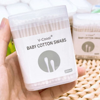 Tăm Bông Vcool Cao Cấp, tăm bông thân gỗ Cho Bé và cả gia đình – Mềm, Dai, Không Xơ – Hộp 200 Que