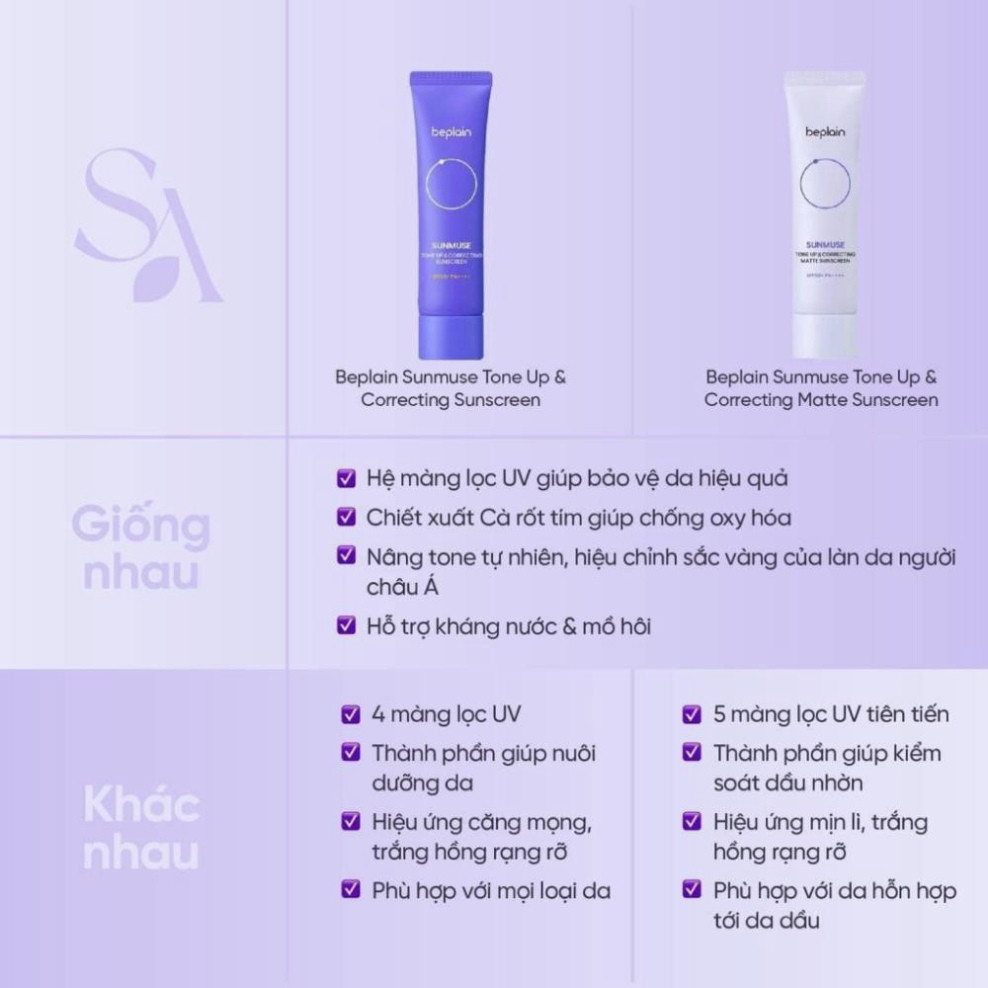 [MUA 1 TẶNG 1] Kem chống nắng Beplain Sunmuse lai Vật Lý & Hoá Học Nâng Tone và Hiệu chỉnh da SPF 50+ PA++++ - 50ml