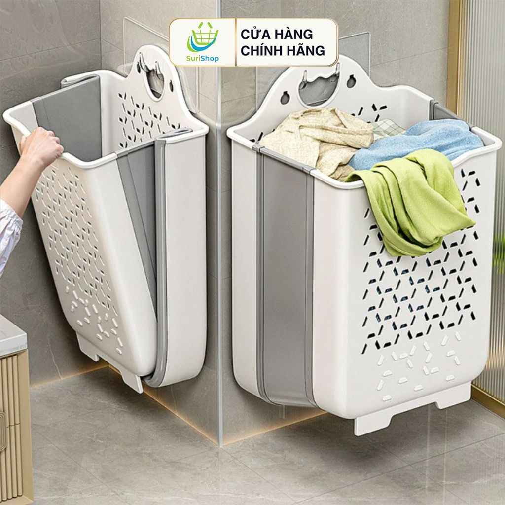Giỏ đựng quần áo nhà tắm thiết kế tay cầm treo tường có thể gấp gọn chất liệu nhựa dẻo TPR kèm miếng dán AMIZIN