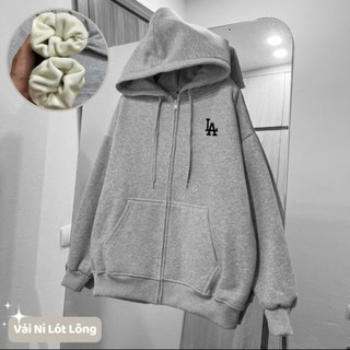 Áo Khoác Hoodie ZIP Nỉ Form Rộng Unisex Basic Họa Tiết In Nổi LA Sắc Nét Phong Cách Hàn Quôc Hot Trend 2025