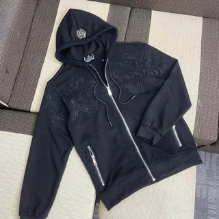 Áo Khoác Hoodie Zip Nam Nữ Philipp Plein Thêu Logo Sắt Mũ Phối Hình Hổ Vằn Ngực Nỉ Chân Cua Boy Phố Hot Trend 2025