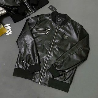 Áo Khoác Da bomber Jacket Nam Philipp Plein Da Pu Bóng Thêu Logo Da Tag Sắt Khoá Zip Phối Chữ Lưng Cao Cấp Hot Trend 202