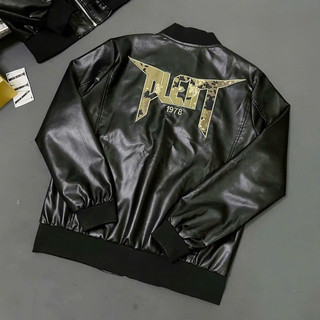Áo Khoác Da bomber Jacket Nam Philipp Plein Da Pu Bóng Thêu Logo Da Tag Sắt Khoá Zip Phối Chữ Lưng Cao Cấp Hot Trend 202