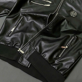 Áo Khoác Da bomber Jacket Nam Philipp Plein Da Pu Bóng Thêu Logo Da Tag Sắt Khoá Zip Phối Chữ Lưng Cao Cấp Hot Trend 202