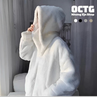 Áo Khoác Lông Thỏ Unisex Form Rộng Thụng MÀU TRƠN CÓ MŨ Siêu Rộng Thiết Kế Phong Cách Hàn Quốc Hot Trend 2025